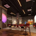 Industrial Bar Interior Design With Red Tables Chairs Black Ceiling Wall Sign And Projection Screen