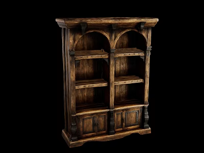 Vintage Wooden Bookshelf With Arched Top Cabinet Doors And Open Shelves 3d model