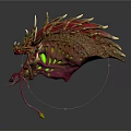 Fantasy Creature Head With Spikes Green Eyes Red Pink Body Tentacles And Yellow Details