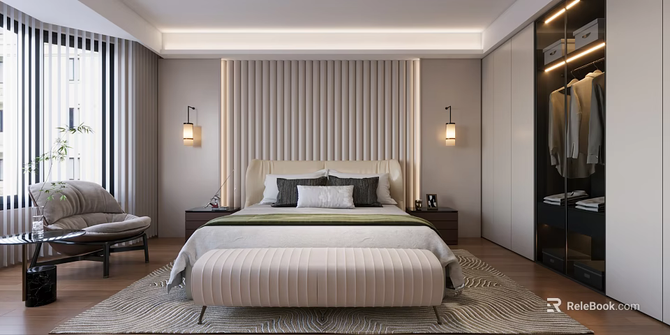 Modern Bedroom Interior Design With Vertical Striped Headboard Wall Bed Bench Nightstands And Wall Sconces 3d model 