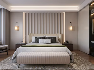 Modern Bedroom Interior Design With Vertical Striped Headboard Wall Bed Bench Nightstands And Wall Sconces 3d model