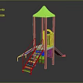 Children's Playground Structure With Yellow Canopy Red Stairs Colorful Climbing Blocks And Green Slide