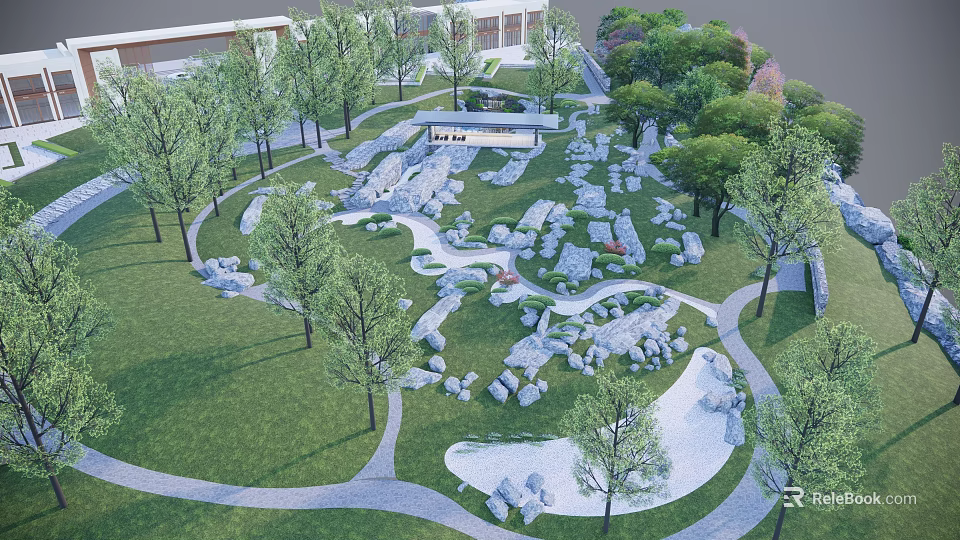 Beautiful Park Landscape Featuring Lush Green Grass Tall Trees And Stone Paths 3d model 