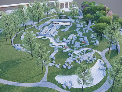 Beautiful Park Landscape Featuring Lush Green Grass Tall Trees And Stone Paths 3d model