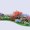 Vibrant Garden Shrubs With Purple White Orange Blue Pink Flowers And Green Leaves