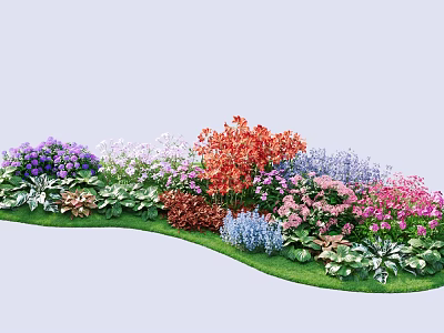 Vibrant Garden Shrubs With Purple White Orange Blue Pink Flowers And Green Leaves 3d model
