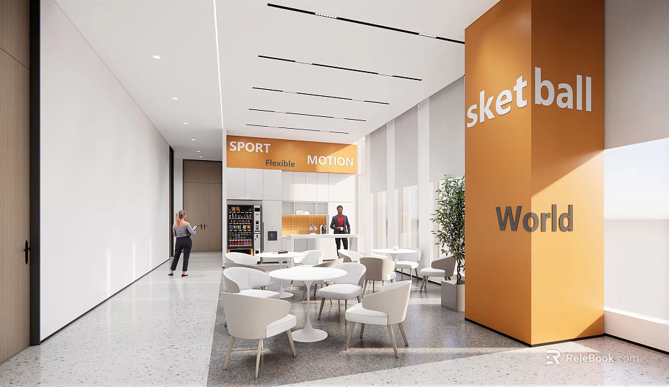 Modern Open Break Room With Tables Chairs Drink Machine Cabinets Orange Pillar And Green Plant 3d model 