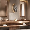 Modern Hotel Bathroom Interior With Double Sinks Wooden Vanity And Green Plant