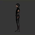 Game Movie Character In Black Outfit With Red Accents And Short Black Hair