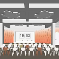 Modern Kindergarten Interior With Cloud Shaped Ceiling Wavy Walls Clock Small Chairs And Wooden Floor