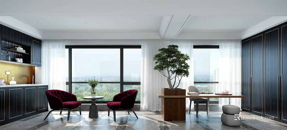 Elegant Home Balcony Design With Potted Tree Seating Area And Large Windows 3d model