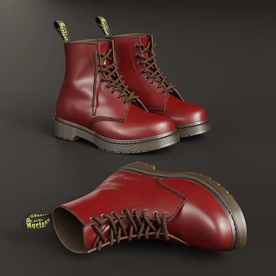 Dr. Martens Red Leather Boots with Lace up Design and Dark Soles Classic Style 3d model