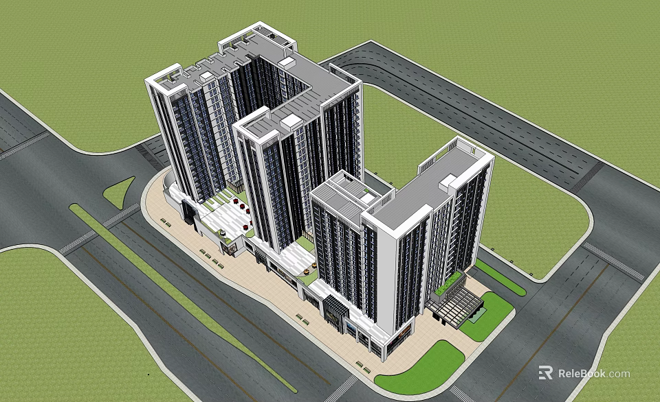 Modern High Rise Building Complex Exterior With Square Layout Roads And Green Areas 3d model 