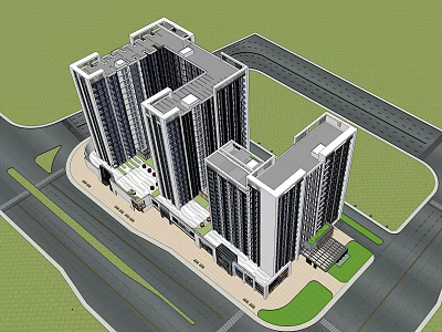 Modern High Rise Building Complex Exterior With Square Layout Roads And Green Areas 3d model
