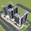 Modern High Rise Building Complex Exterior With Square Layout Roads And Green Areas