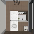 Modern Laundry Room With Stacked White Washing Machines And Wooden Cabinets