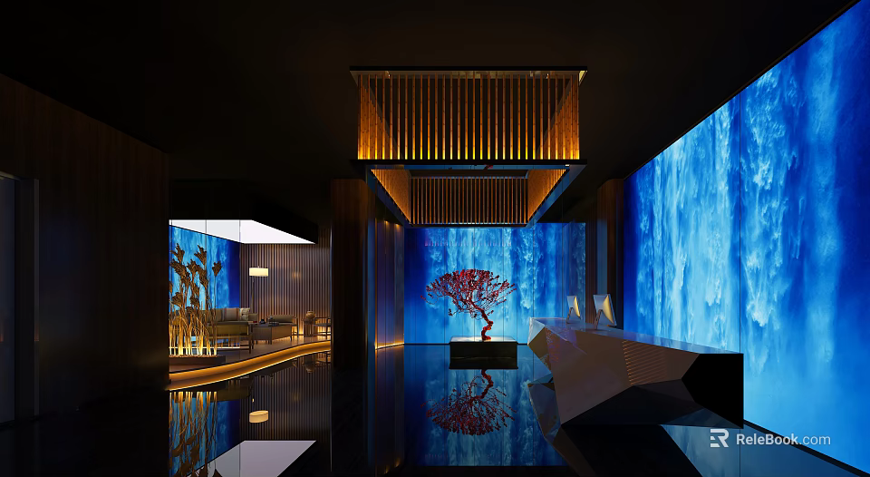 Elegant Modern Store Front Desk Interior With Blue Wall Red Decorative Tree And Lighting 3d model 