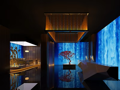 Elegant Modern Store Front Desk Interior With Blue Wall Red Decorative Tree And Lighting 3d model