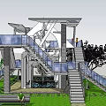 Modern Roadside Facility Featuring Observation Deck Staircases Glass Railings Lawn Benches And Trees