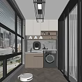 Home Balcony Laundry Space With Washing Machine Cabinets And City View Windows
