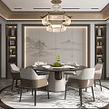 Elegant Restaurant Interior With Round Dining Table Beige Chairs Pendant Light Landscape Backdrop Circular Rug 3d model