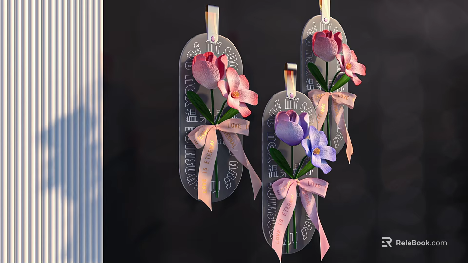 Hanging Glass Tag Vase Flowers with Pink Purple Blooms and Decorative Pink Bows 3d model 