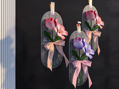 Hanging Glass Tag Vase Flowers with Pink Purple Blooms and Decorative Pink Bows 3d model