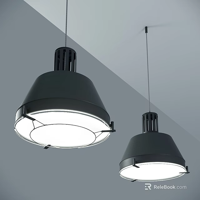 Two Modern Black Shade Pendant Lights Hanging From Ceiling With White Light 3d model 