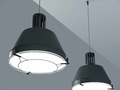 Two Modern Black Shade Pendant Lights Hanging From Ceiling With White Light 3d model