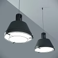 Two Modern Black Shade Pendant Lights Hanging From Ceiling With White Light