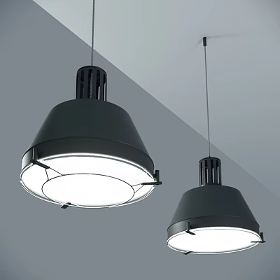 Two Modern Black Shade Pendant Lights Hanging From Ceiling With White Light 3d model
