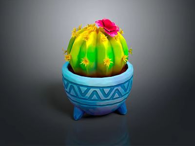 Cartoon Cactus Scene With Pink Flower Yellow Spines Blue Pot Geometric Patterns And Three Feet 3d model
