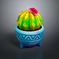 Cartoon Cactus Scene With Pink Flower Yellow Spines Blue Pot Geometric Patterns And Three Feet