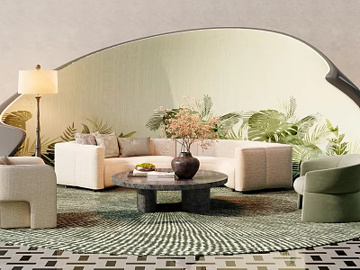 Modern Sectional Sofa In Living Space With Lush Plants Round Coffee Table And Patterned Rug 3d model
