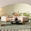 Modern Sectional Sofa In Living Space With Lush Plants Round Coffee Table And Patterned Rug 3d model