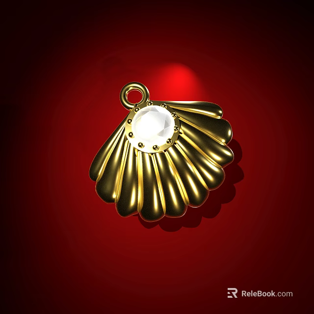 Elegant Golden Shell Shaped Pendant With White Gemstone Center in Red Setting 3d model 