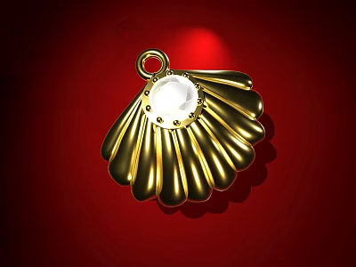 Elegant Golden Shell Shaped Pendant With White Gemstone Center in Red Setting 3d model