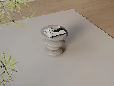 Stacked Stone Side Table with Magazine and Decor Surrounded by Green Leaves on Wooden Floor 3d model
