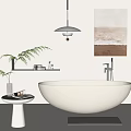 Modern Minimalist Bathroom Interior With White Freestanding Bathtub Hanging Lamp And Decorative Painting