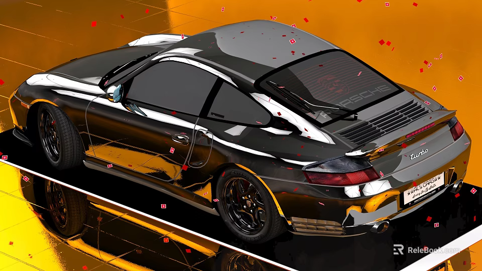 Black Sports Car Sleek Body Windows Wheels on Reflective Surface with Gold Red Accents 3d model 