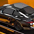 Black Sports Car Sleek Body Windows Wheels on Reflective Surface with Gold Red Accents