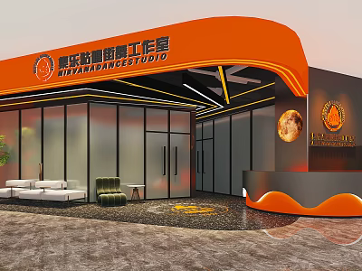 XIHAPANDA Trendy Play Studio Mall Store With Orange Signage Entrance Front Desk And Seating Area 3d model