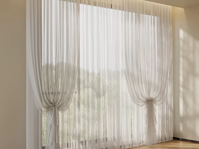 Sheer White Pleated Curtains Tied At Window With Natural Indoor Light 3d model