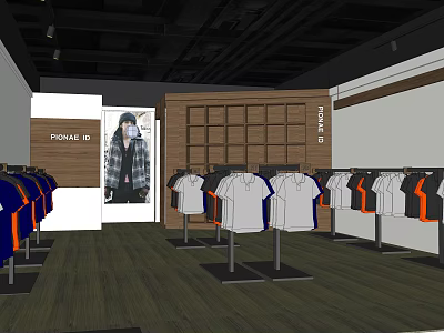 Modern Clothing Store Interior With T Shirts Jackets On Display Racks And Wooden Cabinets 3d model
