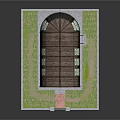 Wooden Arch Roof Building With Red Brick Walls And Stained Glass Arched Windows