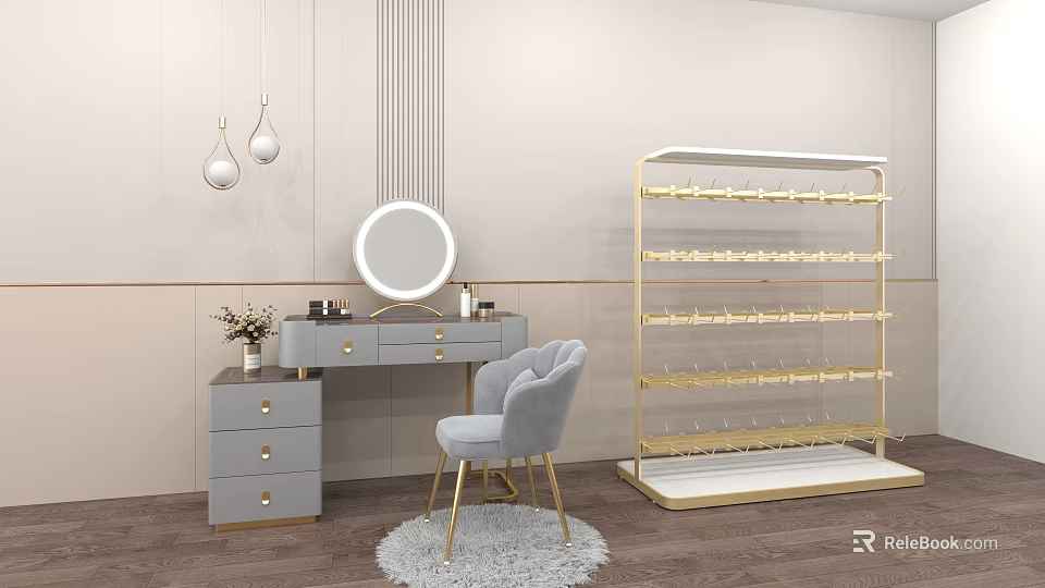 Elegant Clothing Store Interior With Golden Display Rack Grey Chair And Round Mirror 3d model 