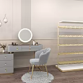 Elegant Clothing Store Interior With Golden Display Rack Grey Chair And Round Mirror