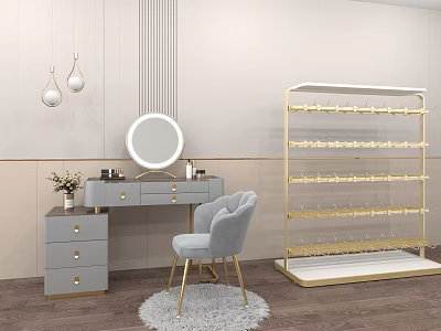 Elegant Clothing Store Interior With Golden Display Rack Grey Chair And Round Mirror 3d model