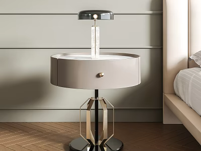 Modern Fabric Bedside Table With Round Top Metal Geometric Base And Table Lamp 3d model