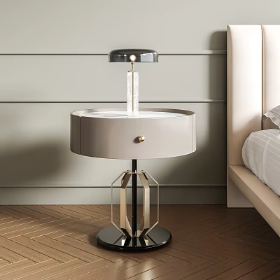 Modern Fabric Bedside Table With Round Top Metal Geometric Base And Table Lamp 3d model